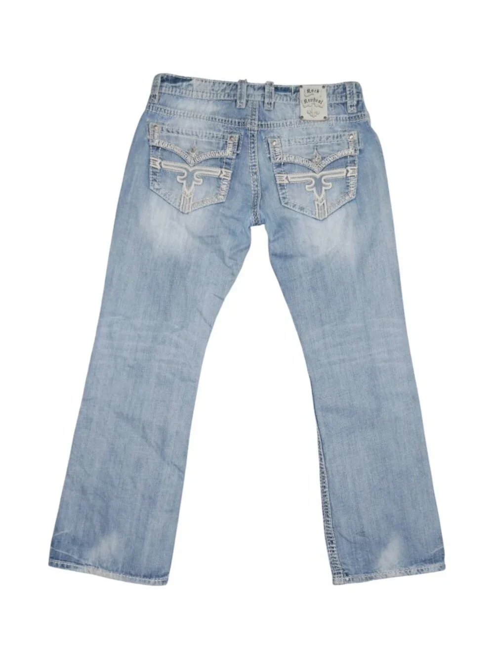 Rock Revival Nelson Bootcut Jeans Men 36x34 Light Wash Distressed Thick Stitched